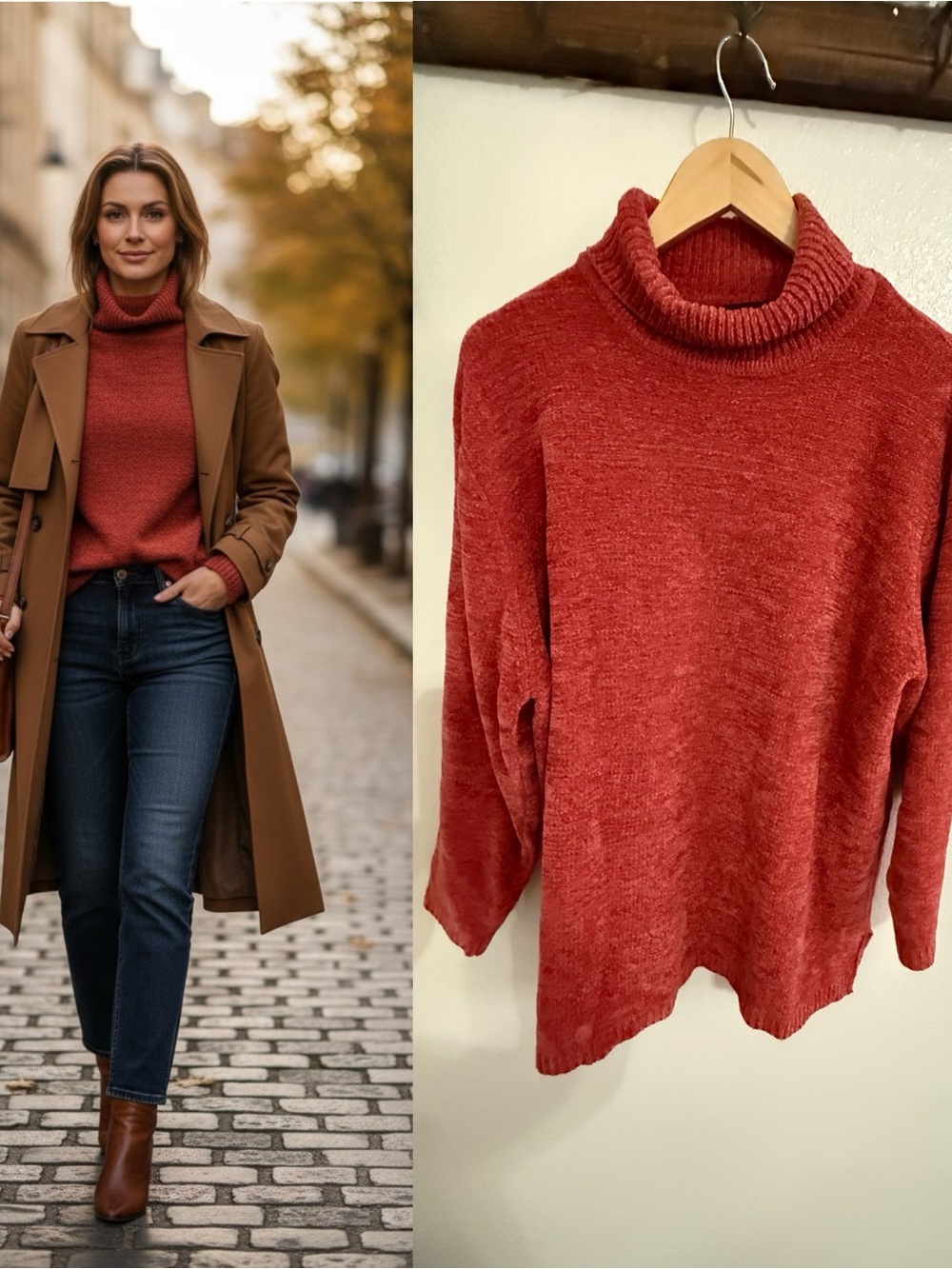 Denim & Co 1X Rust Red Chenille Turtleneck Sweater Oversized Cozy Pullover